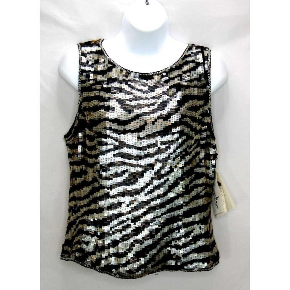 Laurence Kazar Black Zebra Sequin Silk Lined Sz Large Sleeveless Tank To…